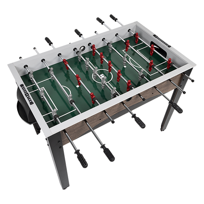 Compact wooden foosball table for kids and adults, suitable for indoor and outdoor play.