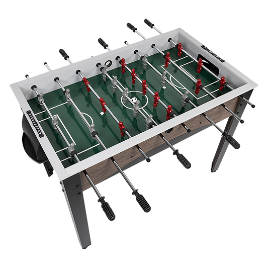 Compact wooden foosball table for kids and adults, suitable for indoor and outdoor play.