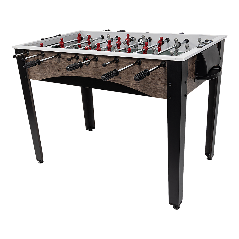 Wooden foosball table for kids and adults; compact size ideal for indoor/outdoor play.