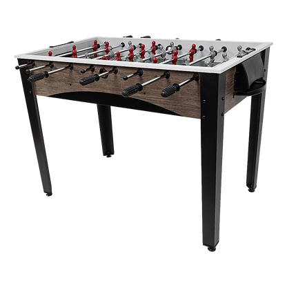 Wooden foosball table for kids and adults; compact size ideal for indoor/outdoor play.