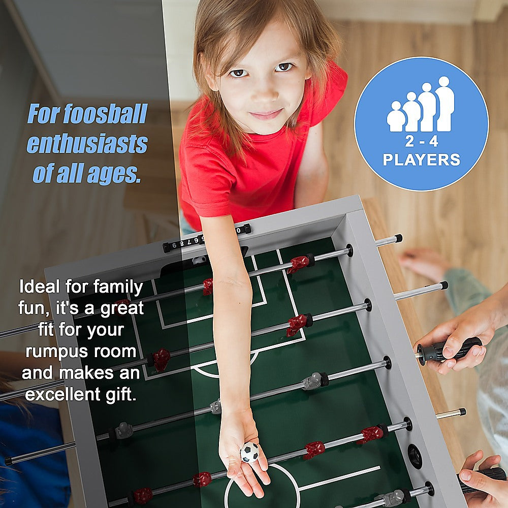 Compact wooden foosball table for kids and adults, suitable for indoor and outdoor play.