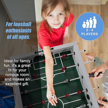 Compact wooden foosball table for kids and adults, suitable for indoor and outdoor play.