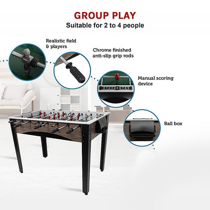 Compact wooden foosball table designed for kids and adults, ideal for indoor/outdoor family fun.