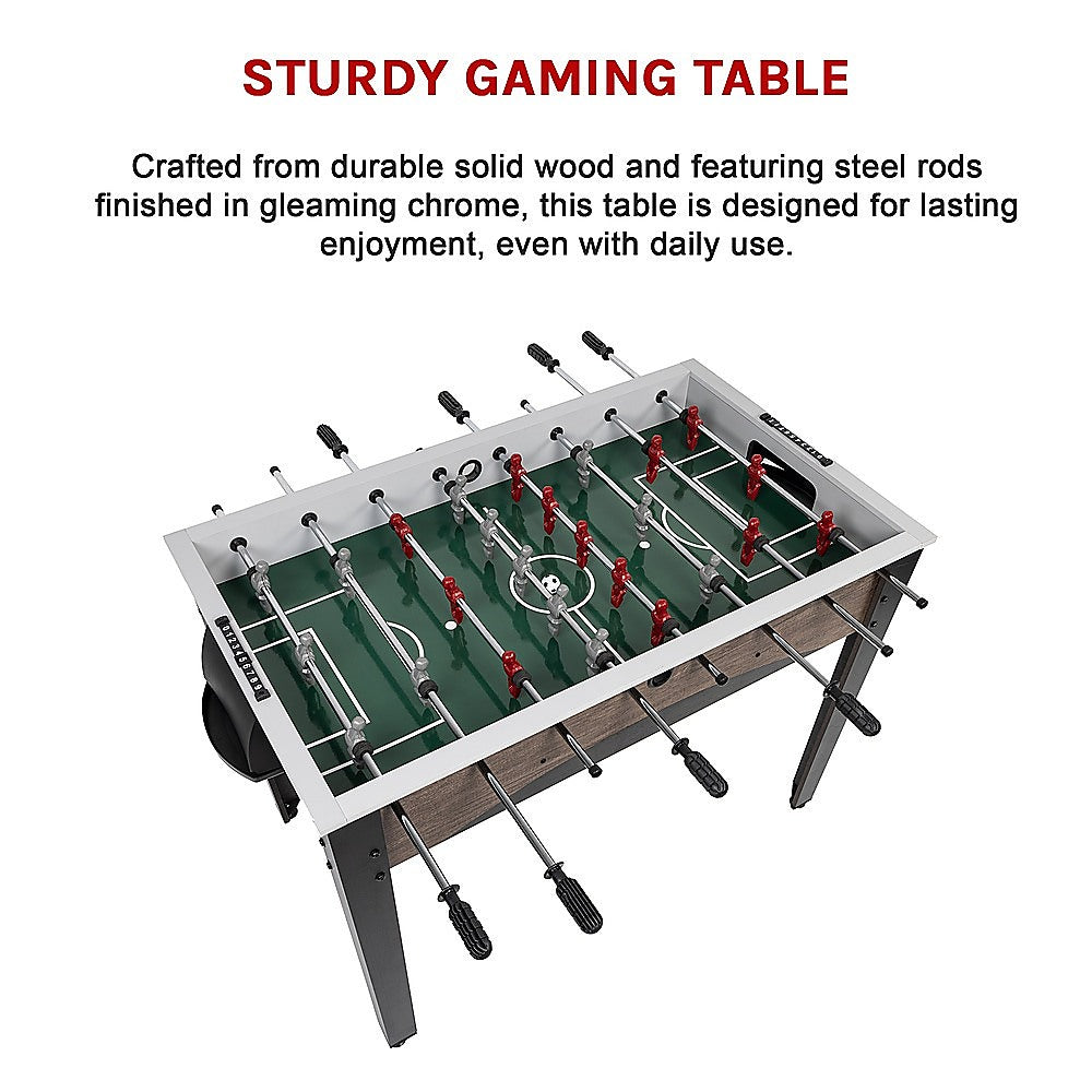 Compact wooden foosball table for kids and adults, ideal for indoor/outdoor fun.