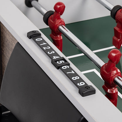 Compact wooden foosball table for kids and adults, ideal for indoor and outdoor play.