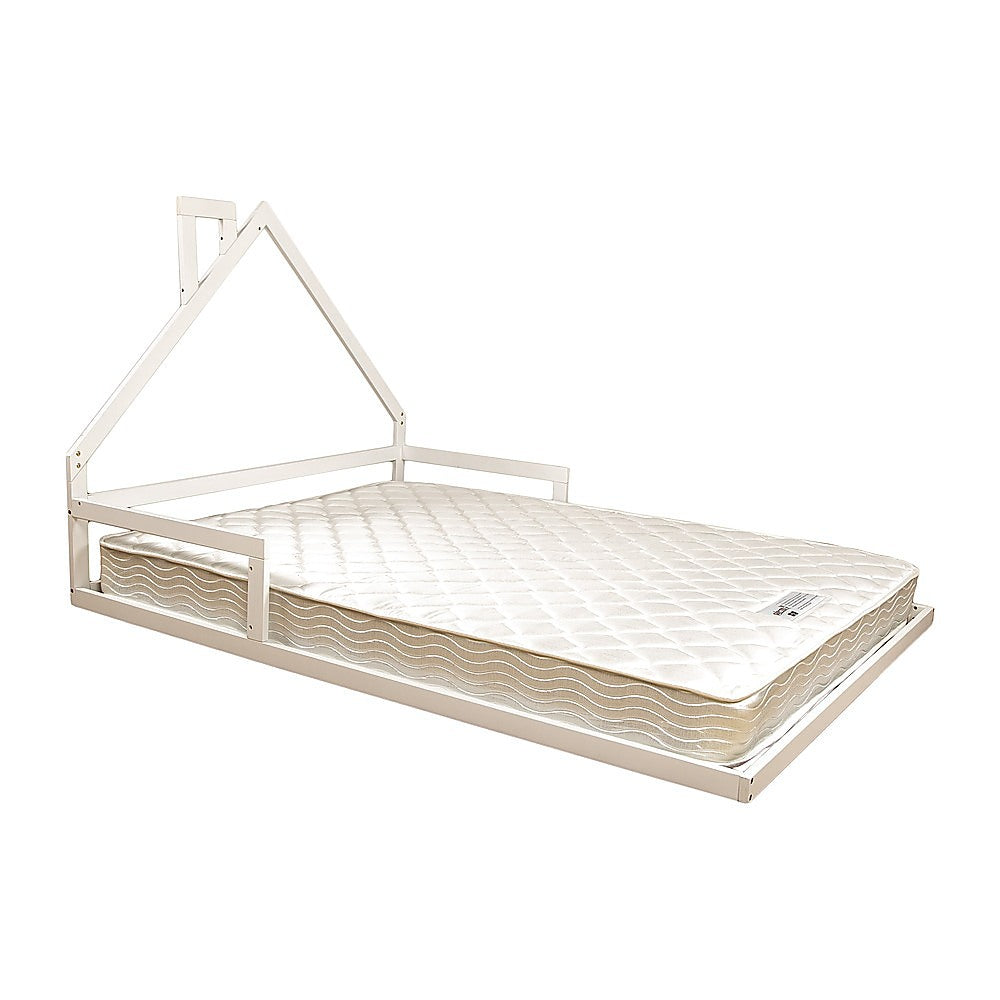 Kids white double-size house bed frame made of pine wood, creating a fun and cozy sleep space.