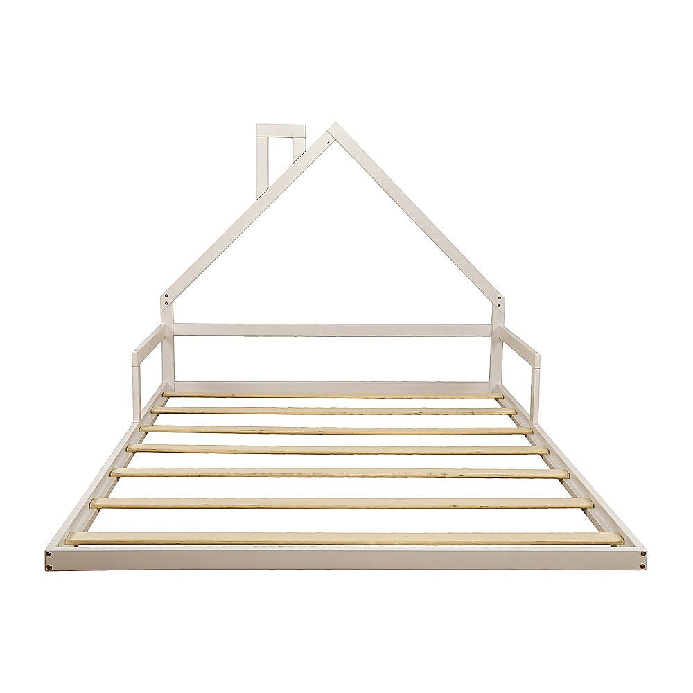 Pine wood kids house bed frame in white, double size for playful bedroom decor.