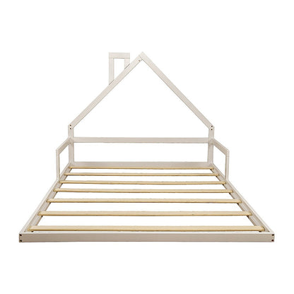 Pine wood kids house bed frame in white, double size for playful bedroom decor.