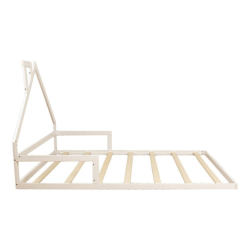 White double-size kids house bed frame crafted from durable pine wood for playful sleep.