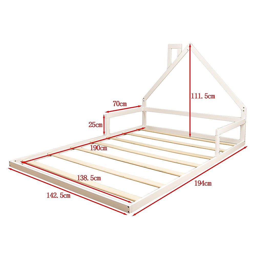 Pine wood kids house bed frame in white; perfect double size for play and sleep.