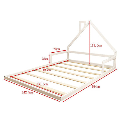 Pine wood kids house bed frame in white; perfect double size for play and sleep.