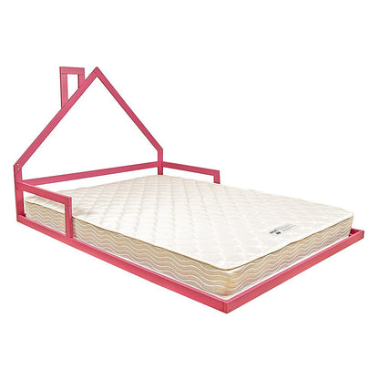 Pink double-size pine wood bed frame designed for kids house-themed bedrooms.