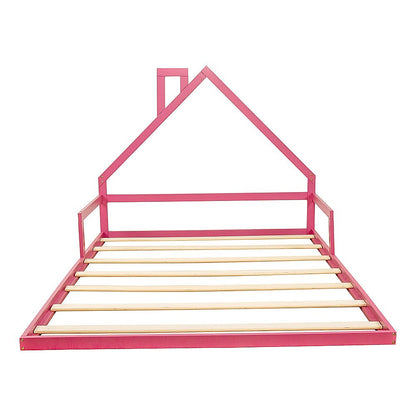 Pink double-size kids house bed frame made of pine wood, perfect for childrens bedrooms.