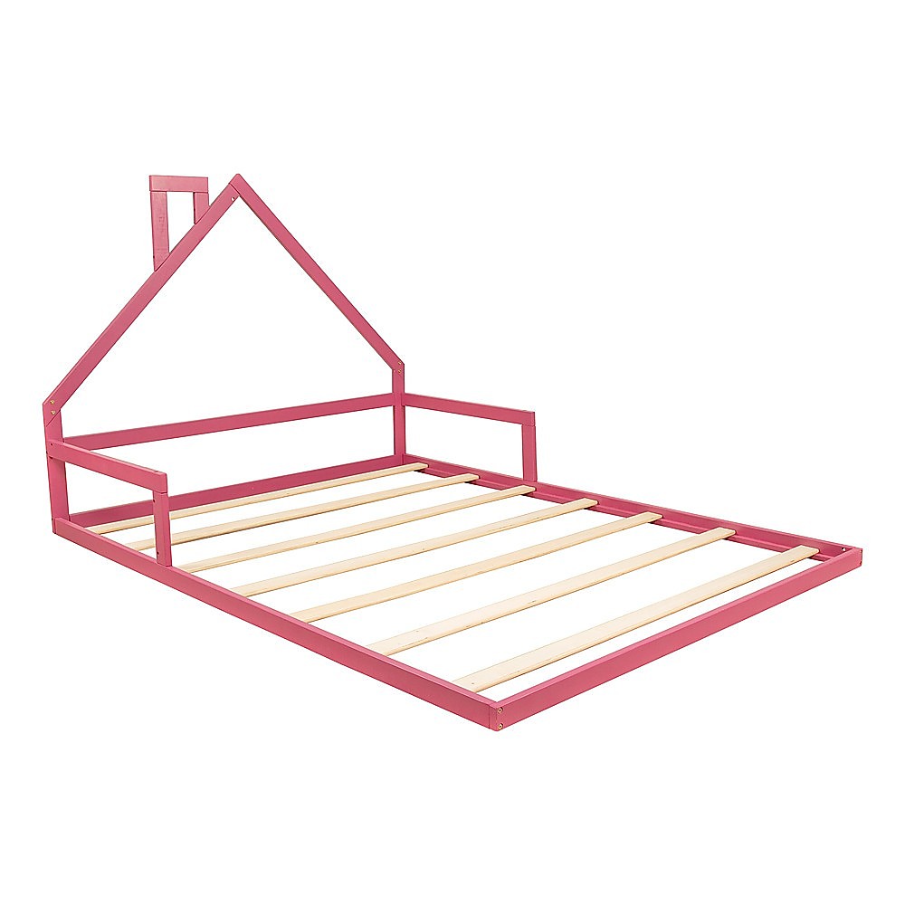 Pink double size kids house bed frame made from durable pine wood for playful bedrooms.