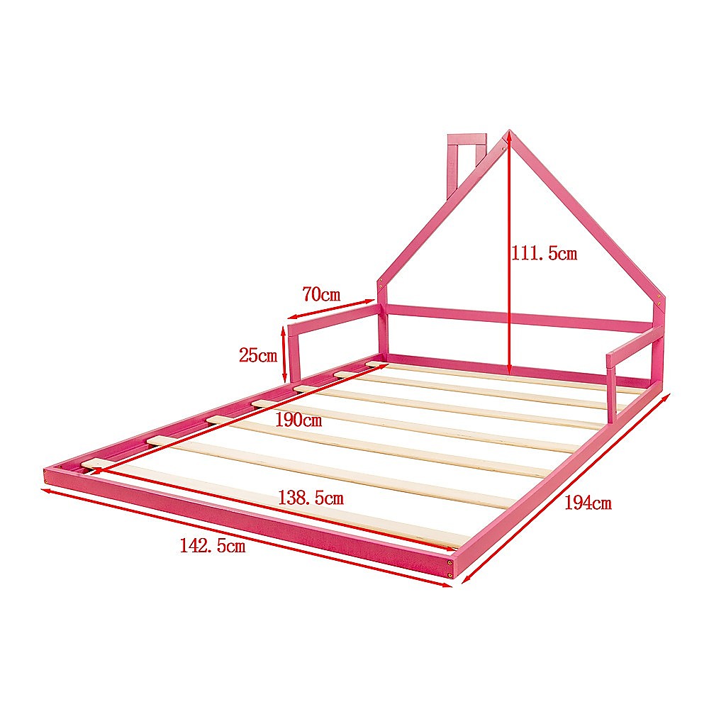 Pine wood kids house bed frame in double size, charming pink design for childrens bedroom.