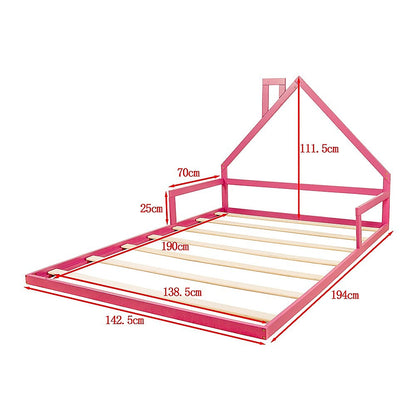 Pine wood kids house bed frame in double size, charming pink design for childrens bedroom.