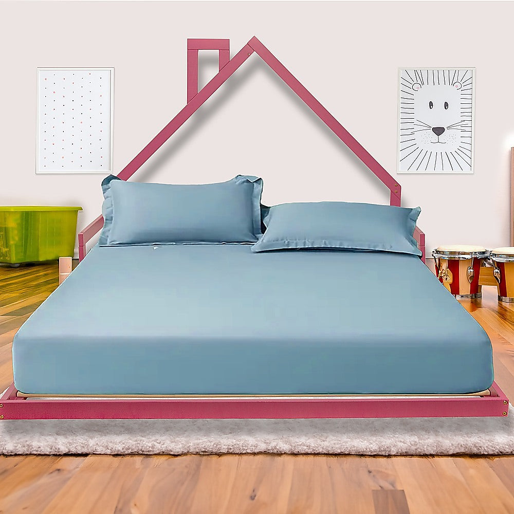 Pine wood house bed frame in pink, double size for kids bedroom decor.