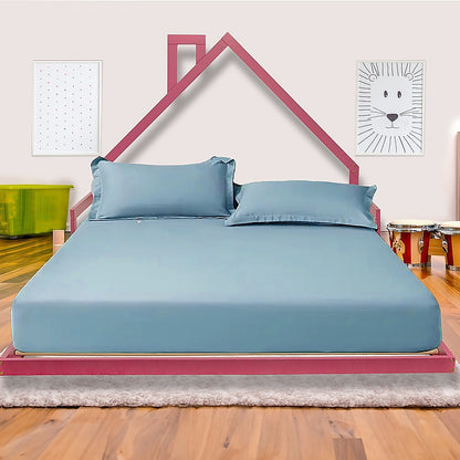 Pine wood house bed frame in pink, double size for kids bedroom decor.