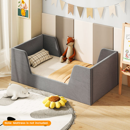Velvet Fabric Children Floor Bed with Safety Rails and Headboard-Grey