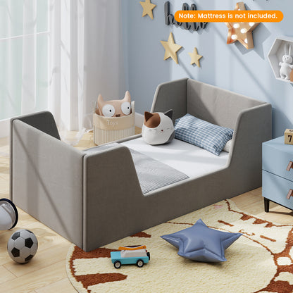 Velvet Grey Toddler Floor Bed | Wooden Frame With Rails