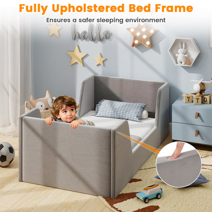 Velvet Grey Toddler Floor Bed | Wooden Frame With Rails