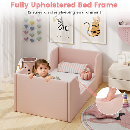 Pink Velvet Toddler Floor Bed | Wooden Frame with Rails