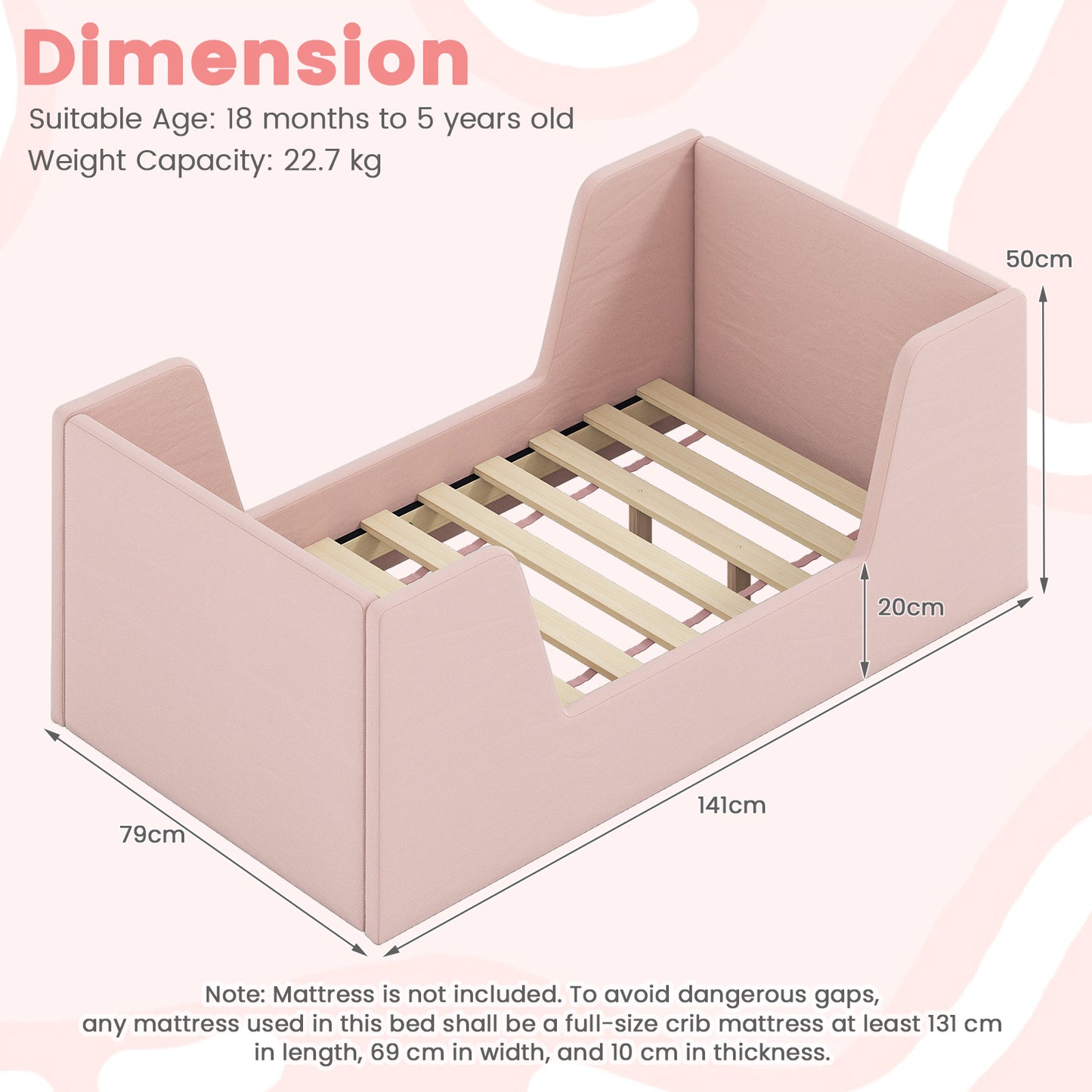 Pink Velvet Toddler Floor Bed | Wooden Frame with Rails