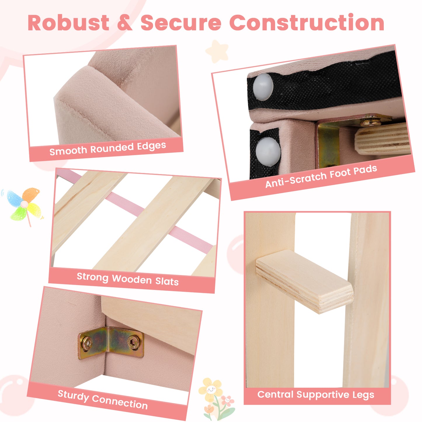 Pink Velvet Toddler Floor Bed | Wooden Frame with Rails