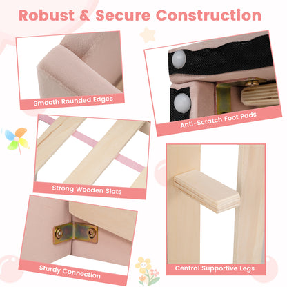 Pink Velvet Toddler Floor Bed | Wooden Frame with Rails