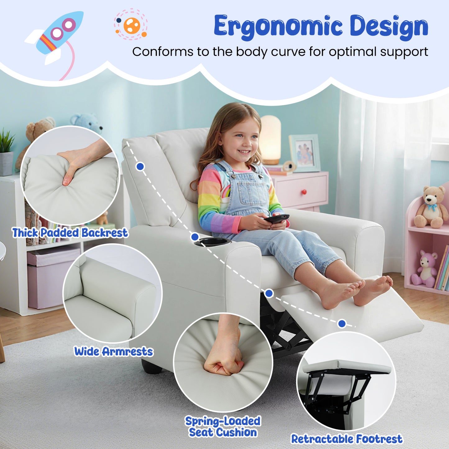 Grey Velvet Kids Recliner | Push Back Sofa with Footrest