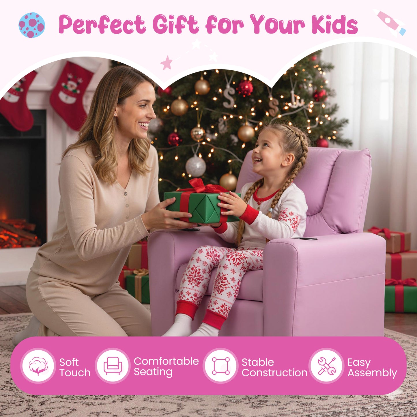 Pink Velvet Kids Recliner | Push Back Toddler Sofa with Cup