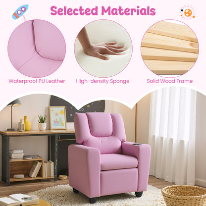 Pink Velvet Kids Recliner | Push Back Toddler Sofa with Cup