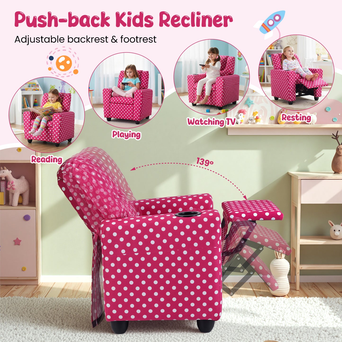 Red Velvet Toddler Recliner | Push Back Sofa with Footrest