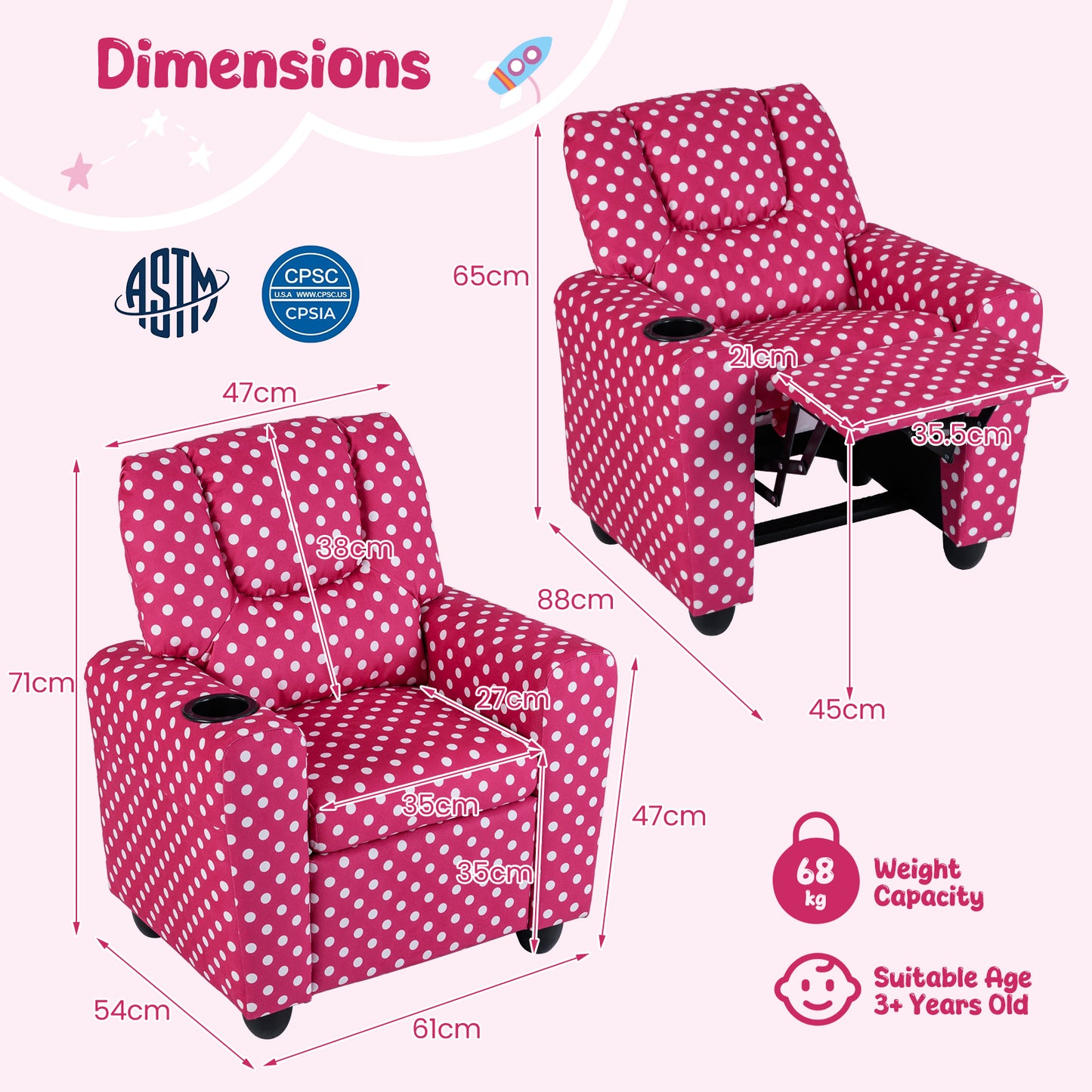 Red Velvet Toddler Recliner | Push Back Sofa with Footrest