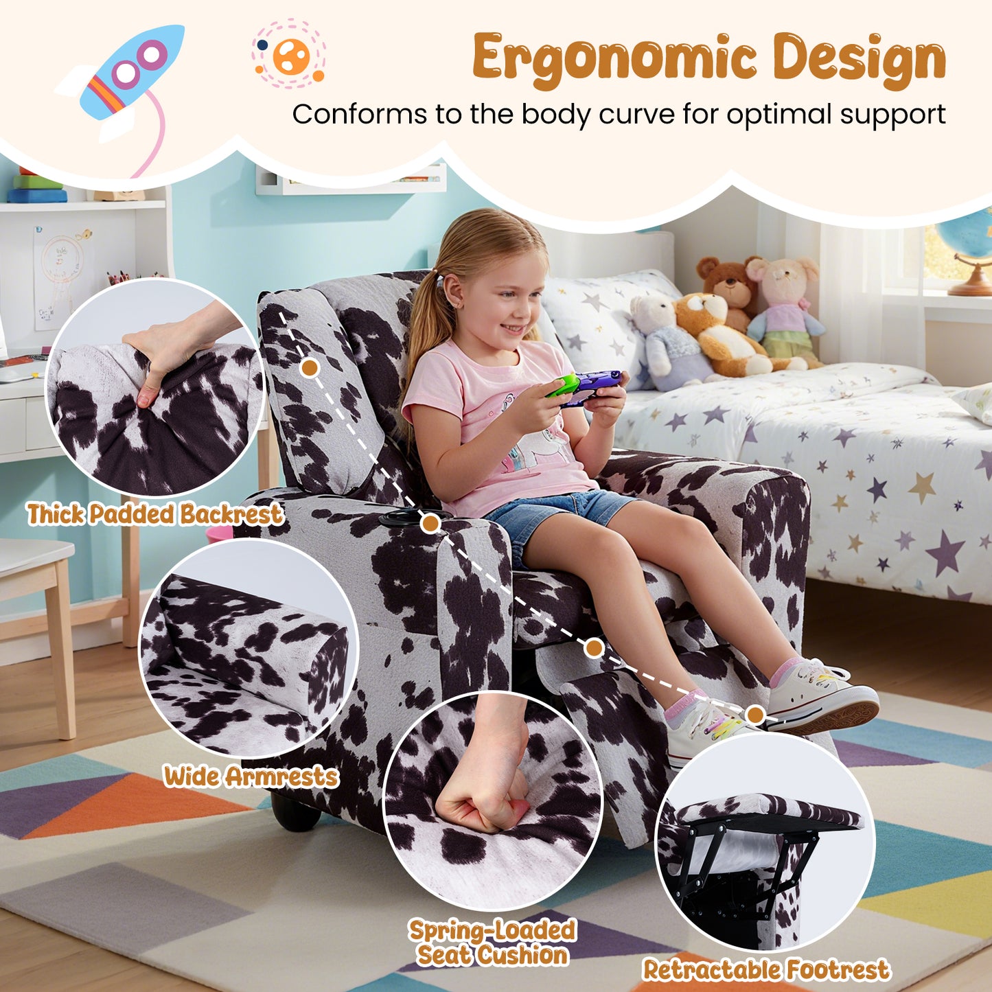 Kids Push Back Recliner | Adjustable Velvet Sofa Black White