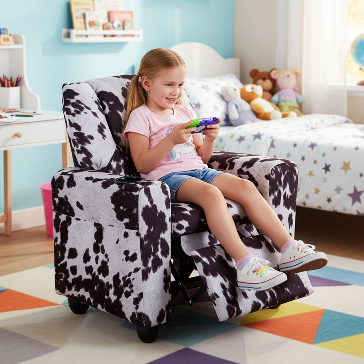 Kids Push Back Recliner | Adjustable Velvet Sofa Black White