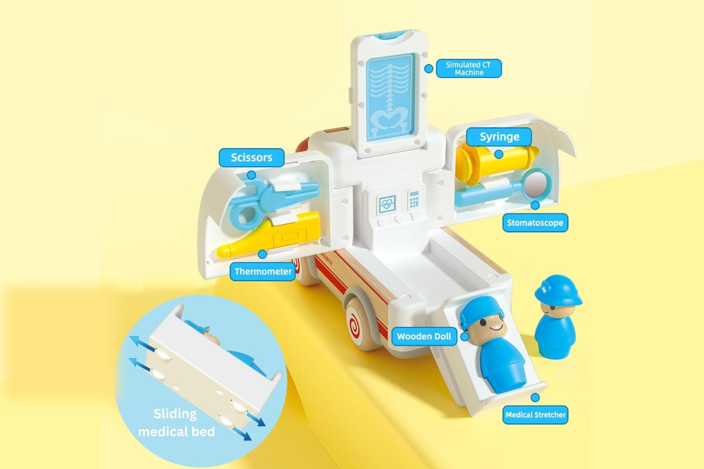 Wooden Ambulance With Sound Light | Pull Along Medical Toys