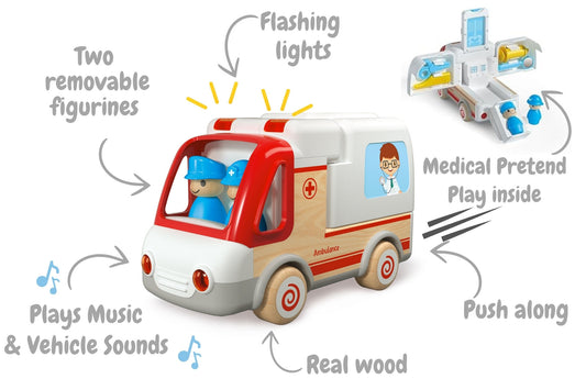 Wooden Ambulance With Sound Light | Pull Along Medical Toys