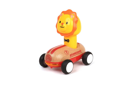 Red Wooden Press Go Lion Racer | Sound Light & Music Car Toy