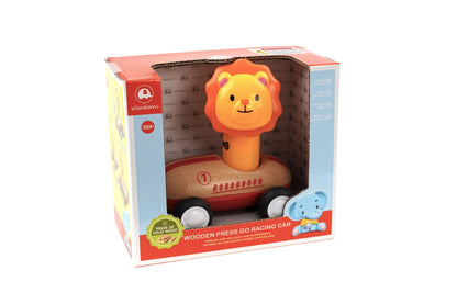 Red Wooden Press Go Lion Racer | Sound Light & Music Car Toy