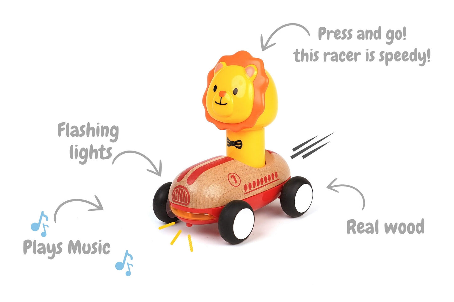 Red Wooden Press Go Lion Racer | Sound Light & Music Car Toy