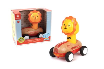 Red Wooden Press Go Lion Racer | Sound Light & Music Car Toy