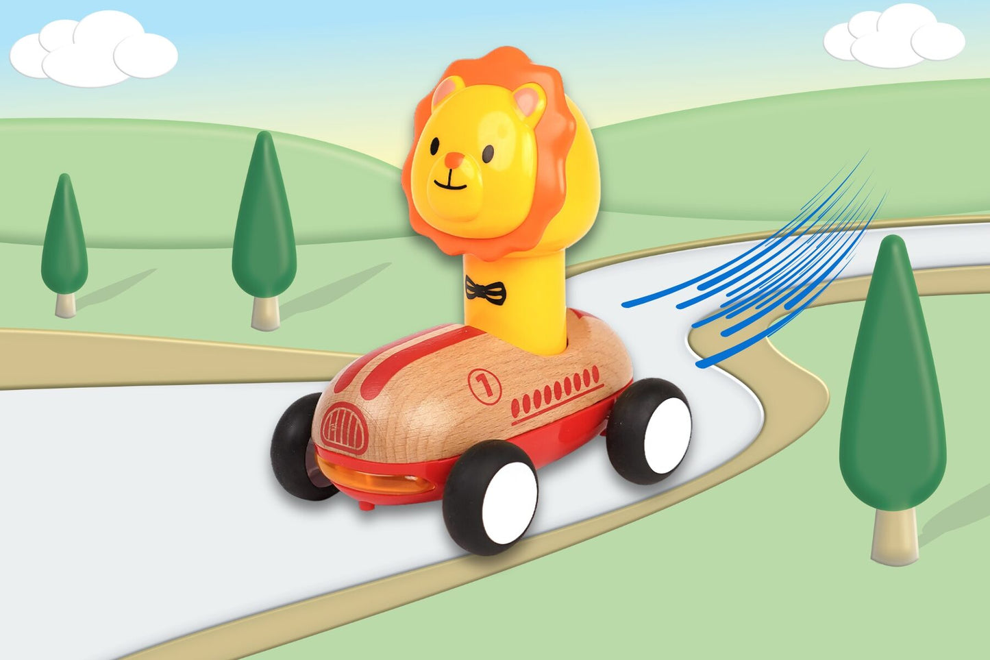 Red Wooden Press Go Lion Racer | Sound Light & Music Car Toy