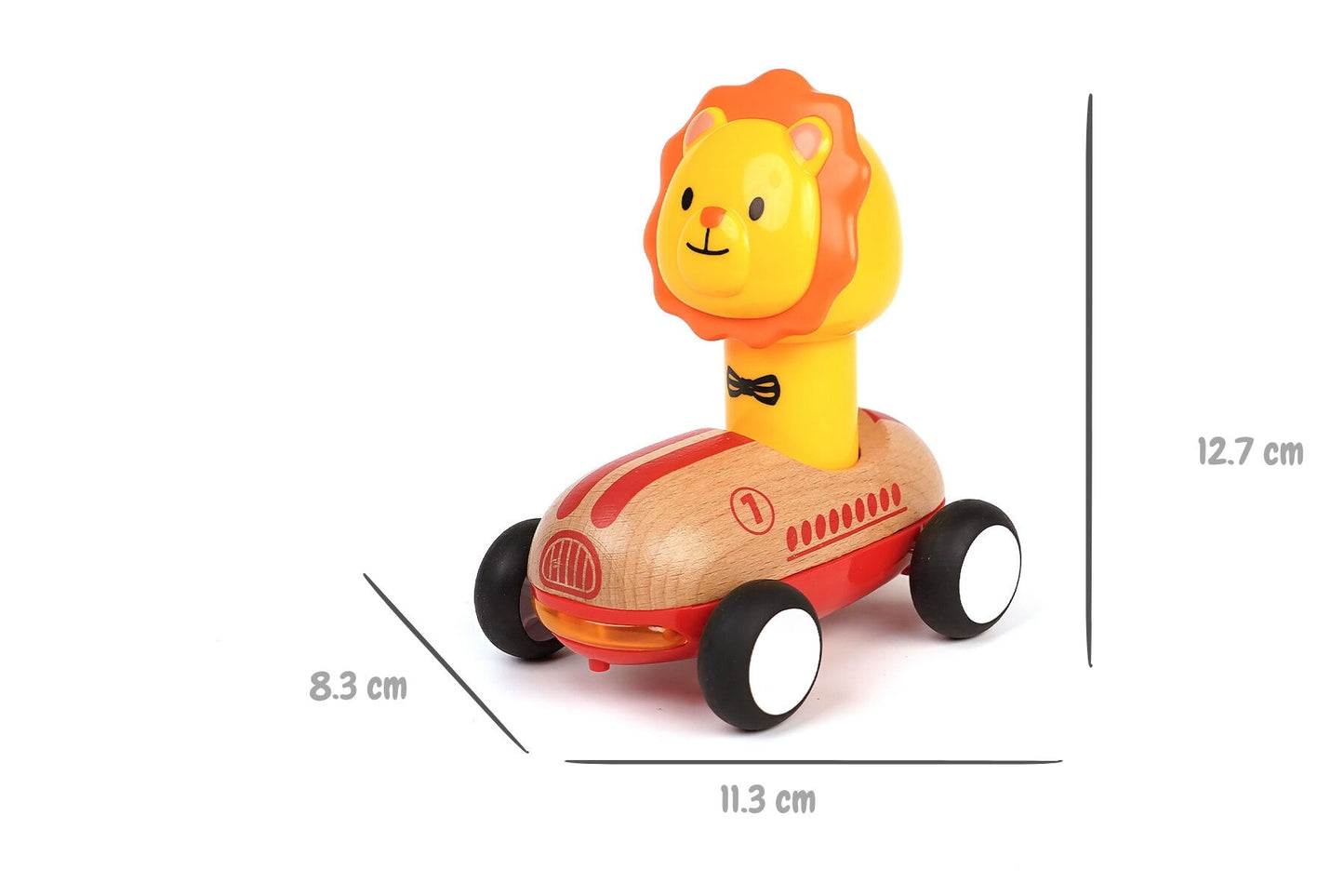 Red Wooden Press Go Lion Racer | Sound Light & Music Car Toy