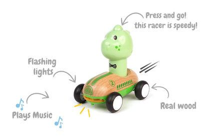 Light Green Wooden Press Go Dinosaur Racer | Sound & Light