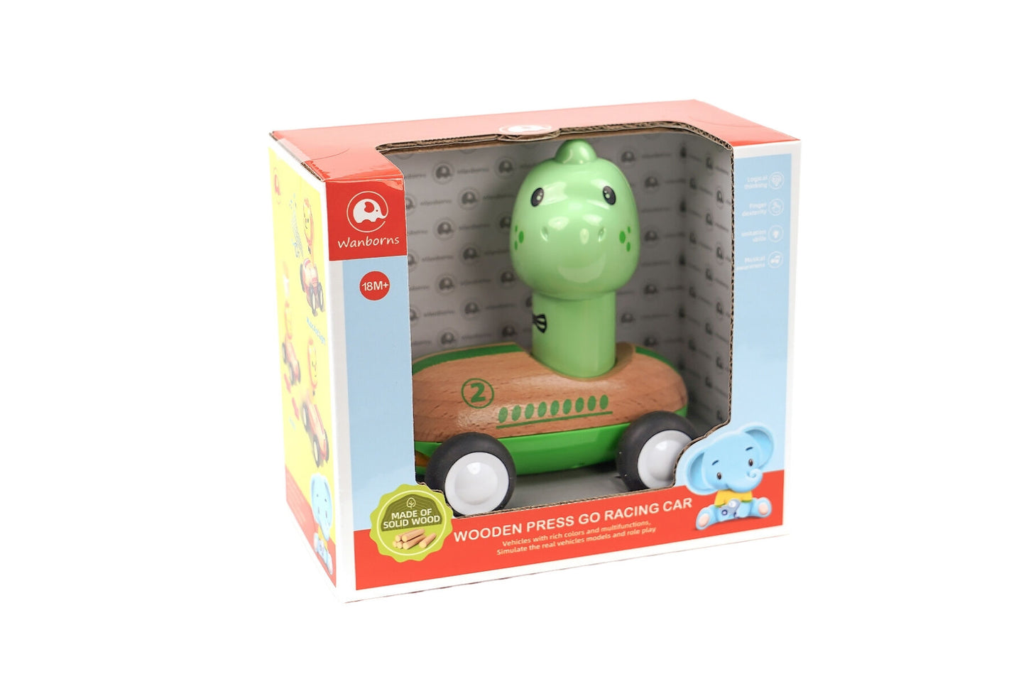 Light Green Wooden Press Go Dinosaur Racer | Sound & Light