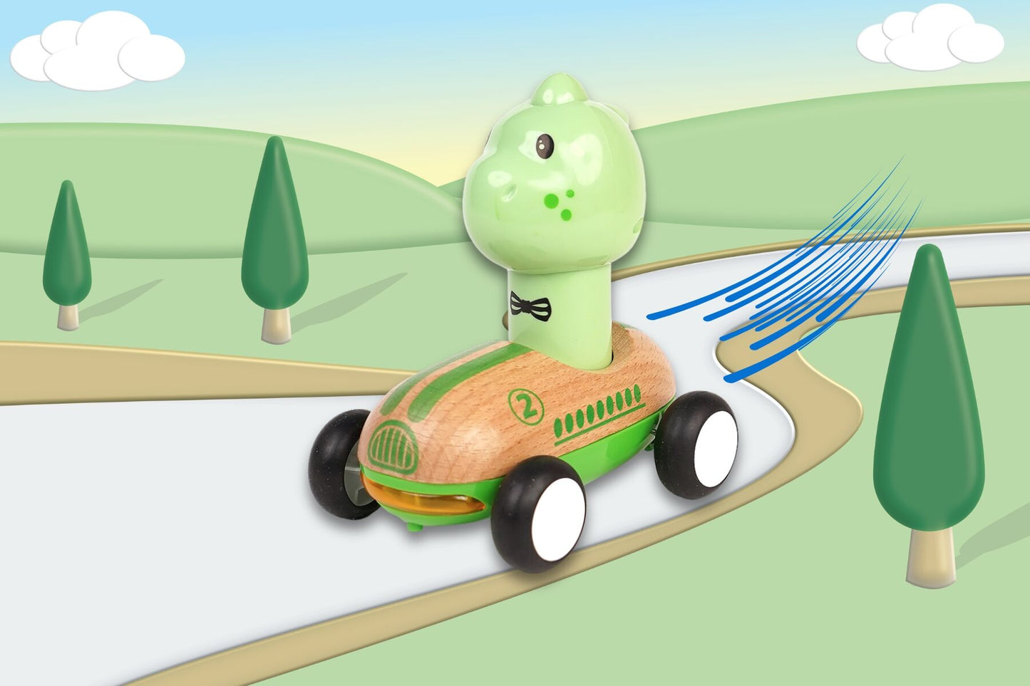 Light Green Wooden Press Go Dinosaur Racer | Sound & Light
