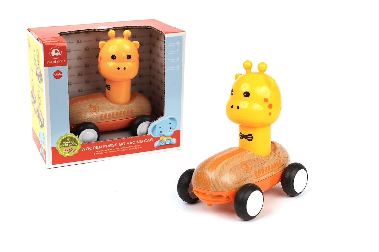 Orange Wooden Press Go Giraffe Racer | Sound & Light Features