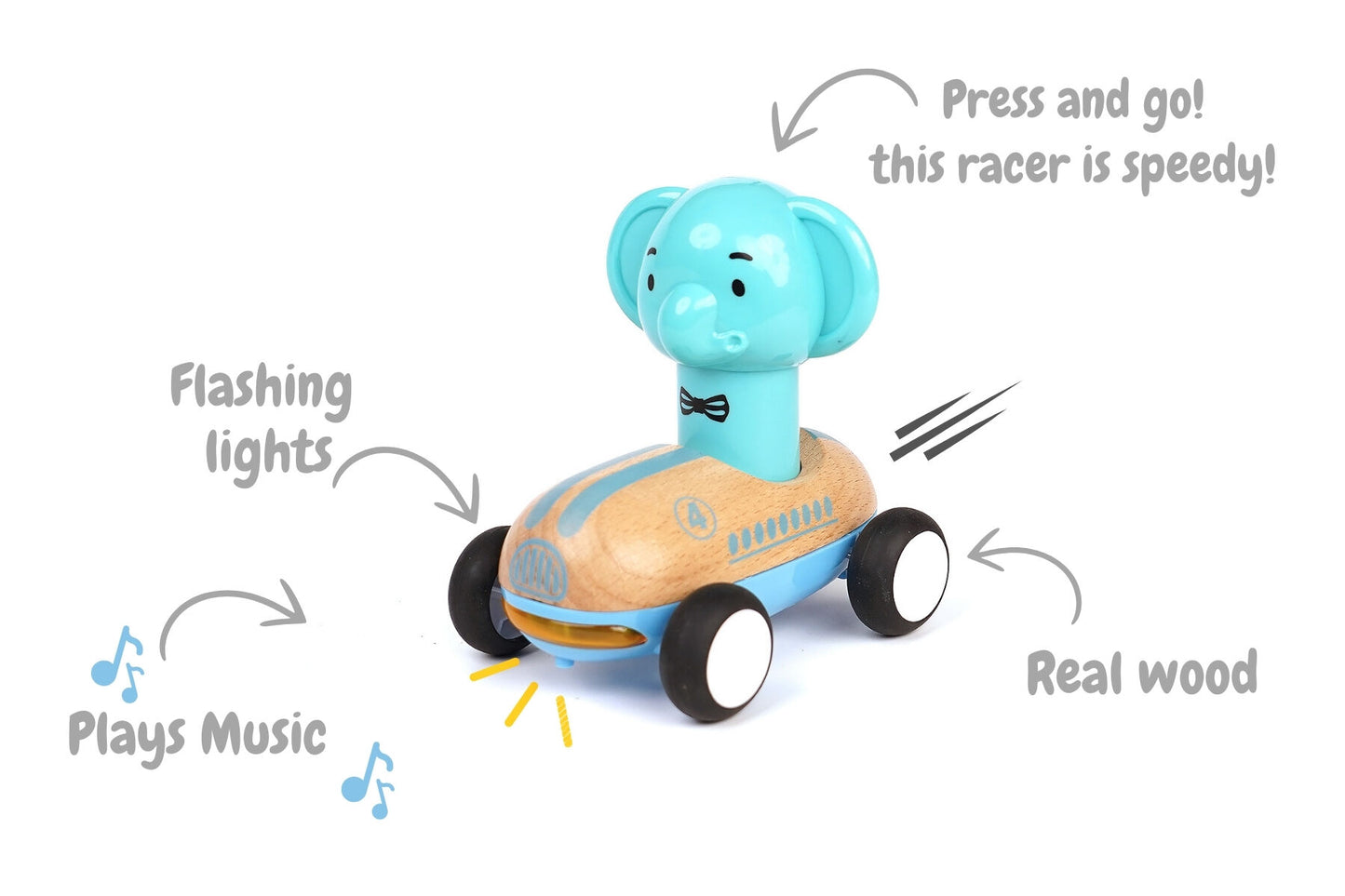 Light Blue Wooden Press Go Racer Elephant | Sound & Light Car