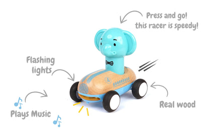 Light Blue Wooden Press Go Racer Elephant | Sound & Light Car